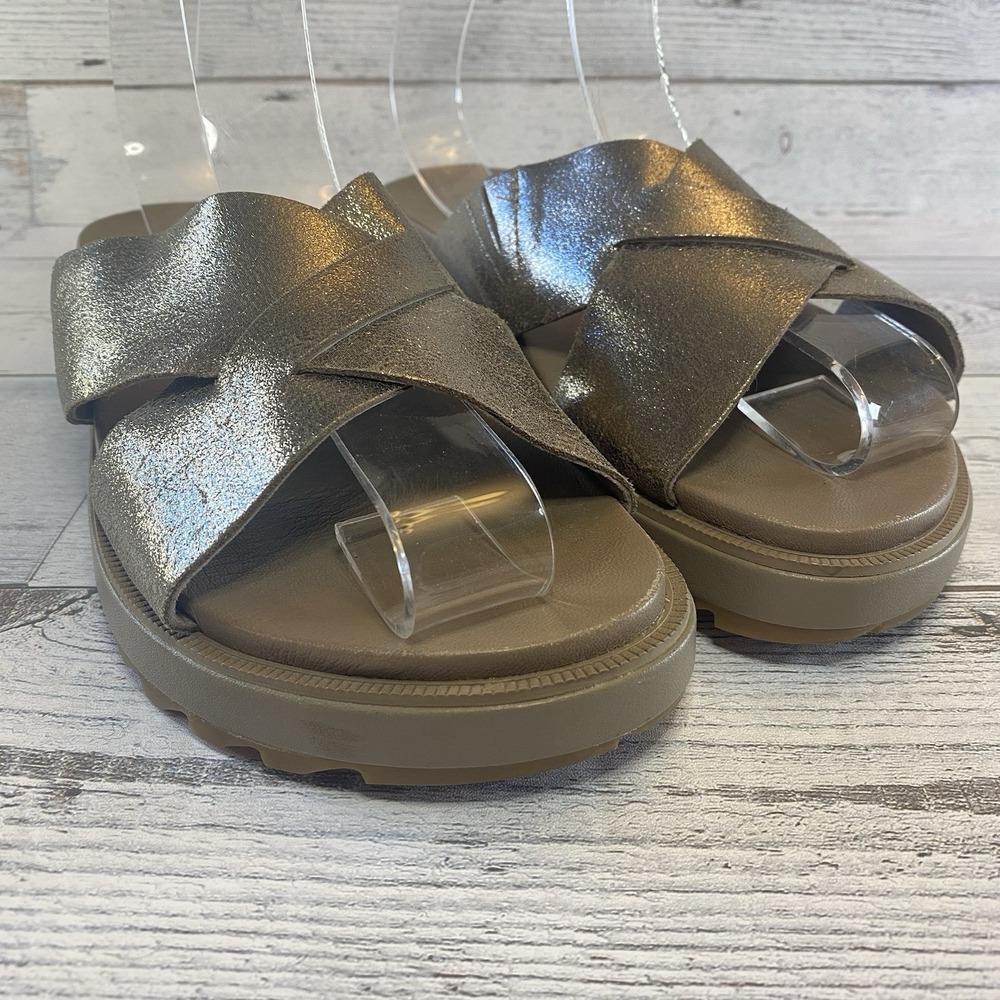 Sorel Metallic Silver Crossband Slide Sandals